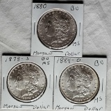 3 Morgan Silver Dollars - NM/MS/UNC - 1878-S, 1880 and 1884-O