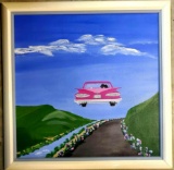Elsa de Bruycker Oil on Canvas Panting of 59 CHEVY IMPALA Flying in to the distance