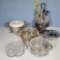 Pyrex and other covered serving bowls and Silverplate Castor Set