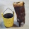 Antique Wooden Well Bucket and African face Carved Drum with as is Hide Top