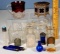 Tray Lot of Antique Perfume Bottles, EAPG Ruby Flash Souvenir Box, Crystal and More
