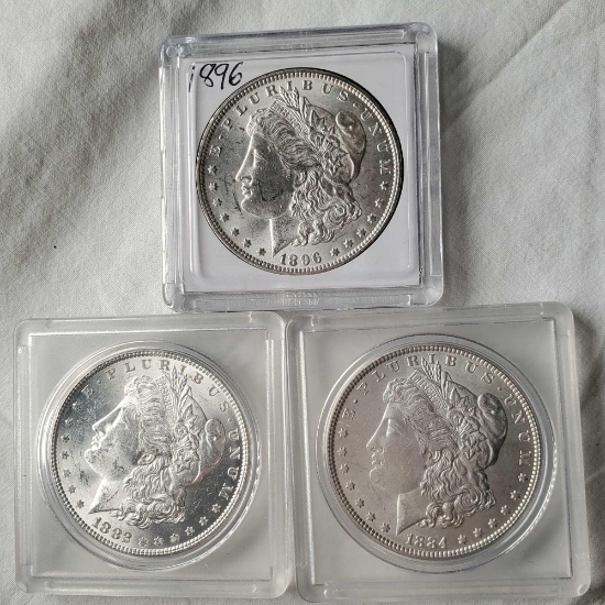 3 Morgan Silver Dollars - NM/MS/UNC - 1882, 1884 and 1896