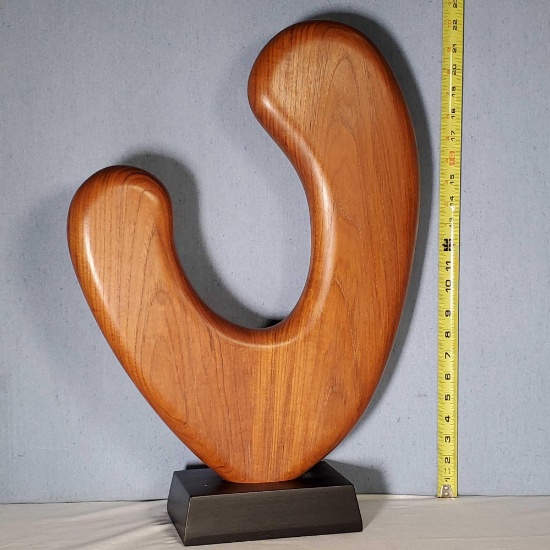 22" Mid-Century Modern Wooden Art Abstract Sculpture on Square Black Base
