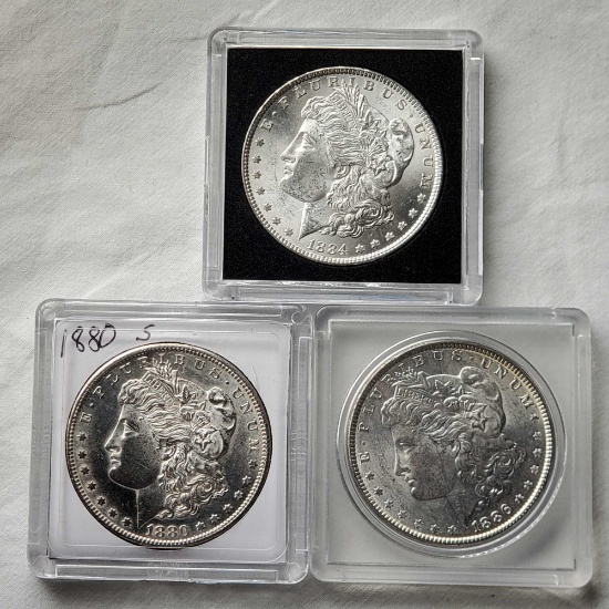 3 Morgan Silver Dollars - NM/MS/UNC - 1880-S, 1884 and 1886