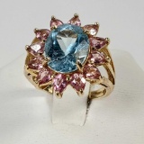 10K Yellow Gold Pink Quartz & Sky Blue Topaz Ring