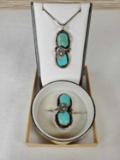 Zuni Signed Effie Calavaza Turquoise & Sterling Ring & Pendant Necklace