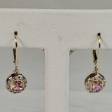 14K Yellow & White Gold Locking Wire Earings With Diamonds & Pink Quartz