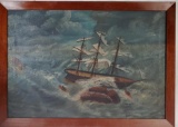 Early 20th Century Folk Art of Schooner Shipwreck With Lifeboats Oil On Linen