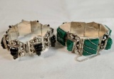 2 Vintage Taxco Mexico 930 & Sterling Silver Black Onyx And Green Stone Bracelets