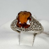 14K White Gold Filagree Ring With Amber Stone