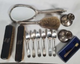 Sterling Silver Candlestick, 6 Fiddlehead Teaspoons, Brush and Mirror Set