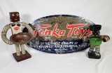 Vintage Tonka Toys Metal Sign and Folk Art Bottle Cap Figures