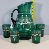 Victorian Green Pitcher and 4 tumblers with enamel decoration