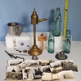 Case lot of 1938 and 1948 Europe Photos, Oil Lamp, Marble Neck Bottles and More