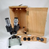 Edmund Scientific, Edscorp Barrington N.J. Microscope With 3 Sets Of Eyepieces & Wood Case