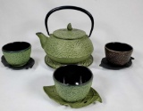 Nambu Iwachu Cast Iron And Enamel Teapot ,Trivet, and 3 Cup With Leaf Shape Liners