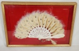 Mid 1800's Ivory, Silk, & Feather Wedding Fan in Shadow Box