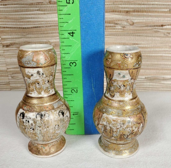 Pair of Miniature Antique gold on white Satsuma Vases