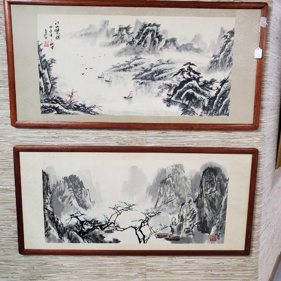 Pair Of Japanese Watercolor On Paper