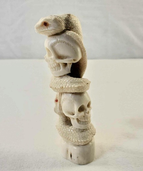 Indonesian Deer Antler Carving Balinese Artwork "Skull & Snakes"