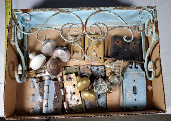 Tray Lot of Shabby Chic Wall Shelf, Antique Hinges, Lock Escutcheon Plates, and Other Hardware