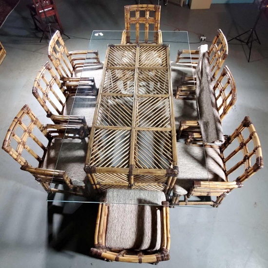 Retro Modern 2 Finger Bamboo Rattan Dining Room Table With Glass Top & 8 Chairs