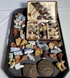 Tray Lot of Cuff Links, Tie Tacks, Wade Figurines, Medals and Belt Buckles