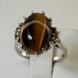 10K White Gold Tiger Eye & Diamond Ring