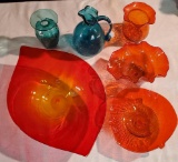 6 Pcs Orange and Aqua MCM Mid Century Modern Retro Vintage Art Glass Bowls and Vases Incl Blenko