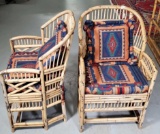 Pair Of Blonde Bamboo Rattan Side Chairs With Fabric Cushions