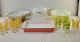Lot Of 7 Pieces Of Mid Century Modern Pyrex and 6 Libbey Low-ball Citrus Glasses