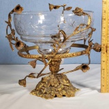 Wheel Cut Crystal Compote on Brass Floral Pedestal with Leaf and Flower Twining Accents