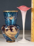 Mt Washington Peachblow JIP Tulip and Enameled Blue Glass Victorian Vases