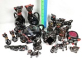 Tray Lot of Black Cat Redware Figurines, Salt & Peppers, Teapot, Ash tray Cruets and More