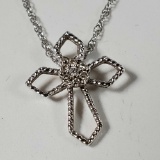 10K White Gold Fine Chain & Open Cross With Diamond Center