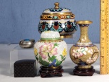 5 Ornate Cloisonne and Other Vases, Boxes, and Jars