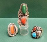 3 Native American Sterling Silver Rings, Red Coral & Turquoise