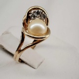 14K Yellow Gold, Diamond & Pearl Ring