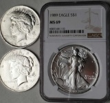 MS 69 NGC 1989 American Silver Eagle and 2 UNC 1923 Peace Dollars