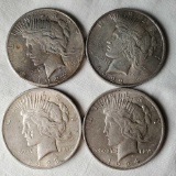 4 US Silver Peace Dollars - 1924, 1923, 1922-and 1922-S
