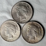 3 US Silver Peace Dollars with Nice Luster - 1922, 1924, and 1925