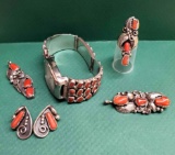 Lot Of Native American Sterling Silver & Red Coral Jewelry