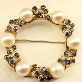 14K Yellow Gold With Cornflower Sapphires & Six 7mm Pearls