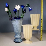 3 Free Form Art Glass Vases and Boquet of 8 Glass Flowers