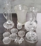 Cut Pressed & Art Crystal Vases, Bowls, Marmalades, Pitcher, Coasters, Salts with Sterling Spoons h