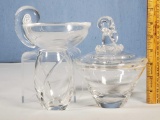 Steuben Crystal Candy Bowl w/ Ram's Head Finial Lid, Snail Handle Bowl and Tiffany & Co Vase