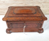 Antique Carved Wood Tea Caddy with Tin Lining