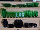 2 Shelves Full of Vintage Retro Forest Green and Black Amethyst Glass