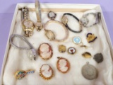 Ladies Lot of Vintage Watches, Cameos, Pins, Etc.