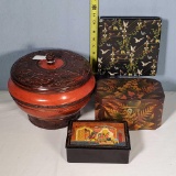 4 Antique Decorative Lacquer Ware Boxes - 19thCentury Chinoiserie Tea Box, Russian, Japanese, Etc